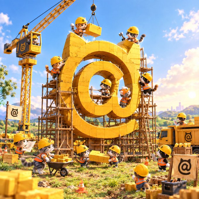 Cats building a giant @ symbol