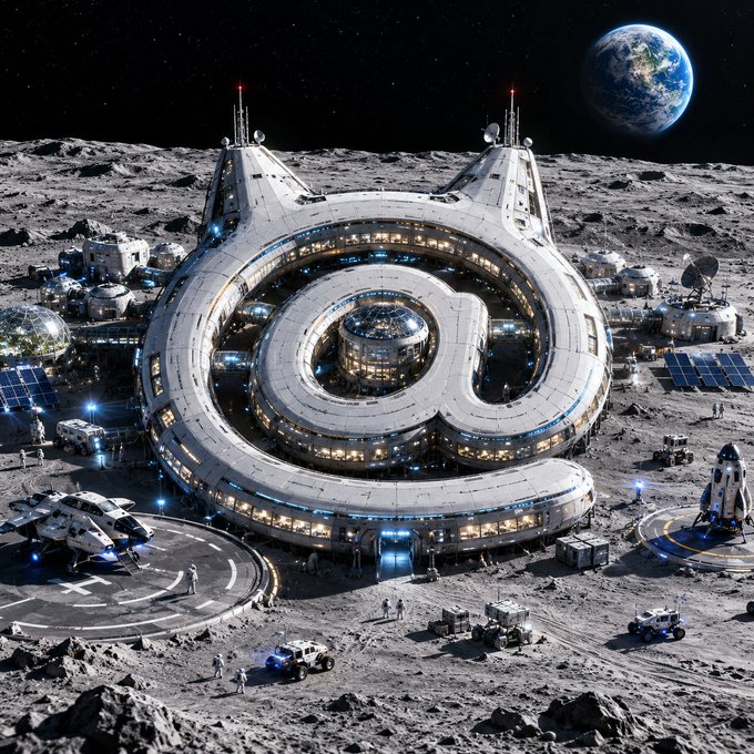 A futuristic @ symbol station on the moon
